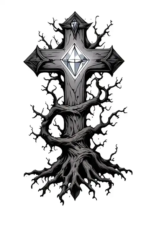 A Diamond Cross With A Big Scary Poison Tree With No Leaves Wrapped Around It