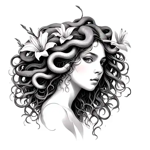 Medium Sized Shoulder Medusa Tattoo With 7 Snakes As Her Hair And 1 Lily Flower Beside Her Face
