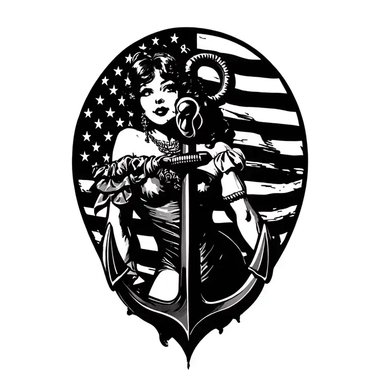 Distressed American Flag With Anchor And Pinup Girl In Black For Shoulder