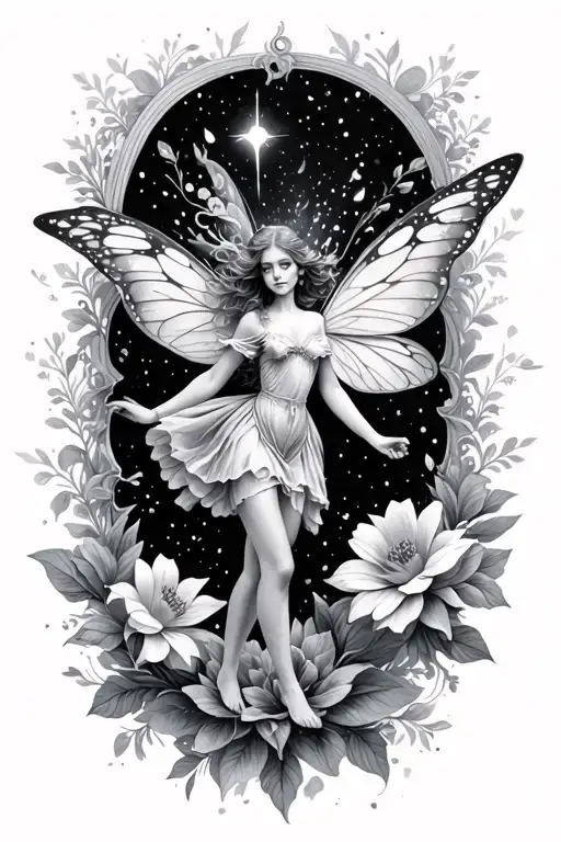 Fairy Flying With Fairy Dust Through The Flowers And Clouds