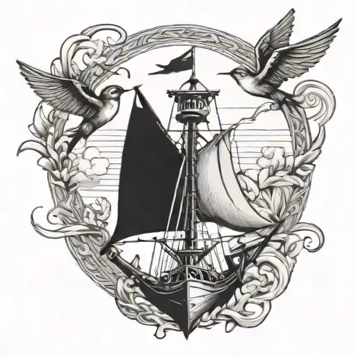 Ship Anchor And Two Swallow Birds Flying One High And One Low