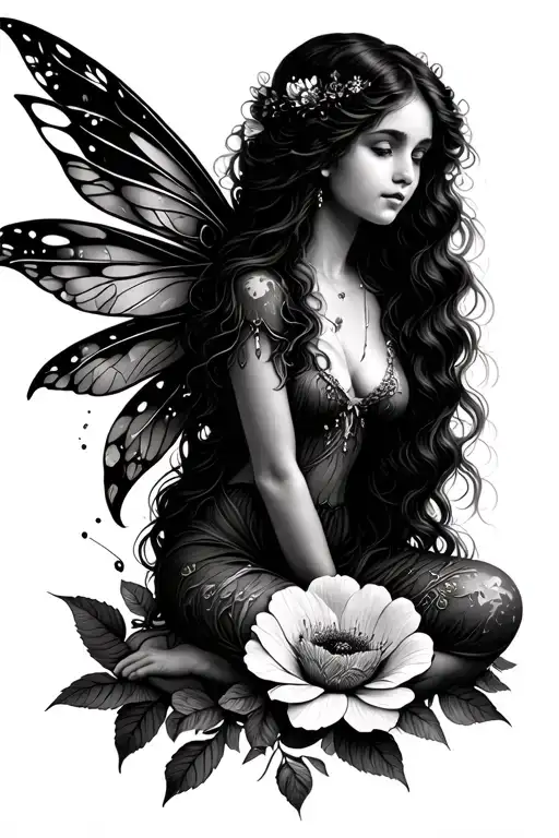 Beautiful Vintage Earth Fairy With Long Hair Sitting On A Flower