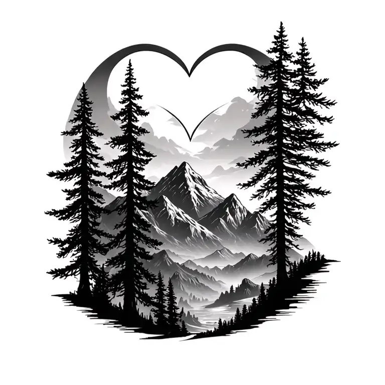 Mountains And Tree With Heart Beats Between