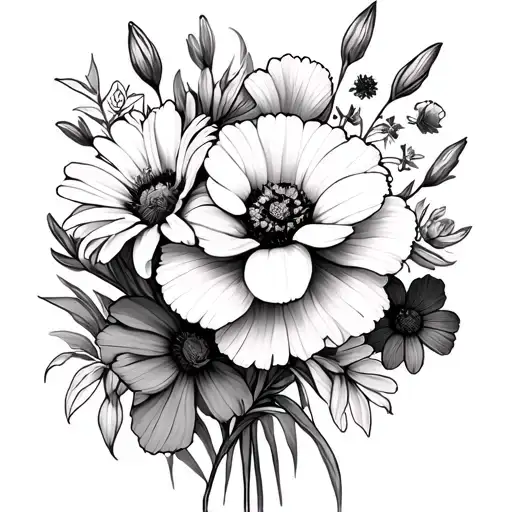 Gladiolus Poppy Daisy Sweet Pea Marigold And Cosmos Flowers In A Line