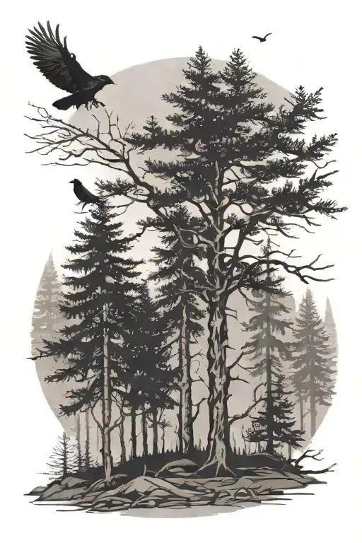 Dark Coniferous Trees With A Few Crows In The Distance