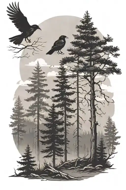 Dark Coniferous Trees With A Few Crows In The Distance