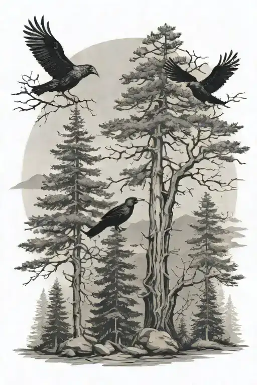 A Dense Coniferous Forest With Five Flying Crows In The Distance One Sitting On A Tree