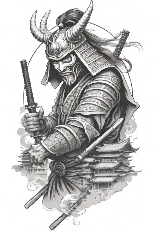 There Is A Japanese Samurai Wearing A Demon Mask Against The Background Of European Architecture
