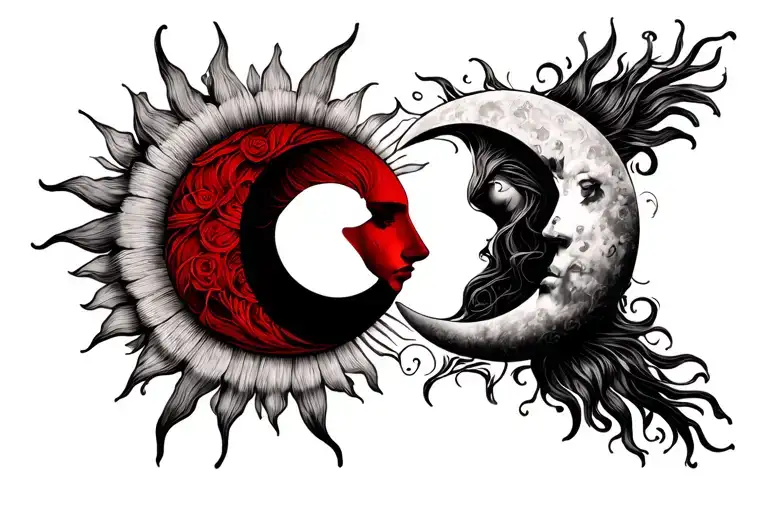 Red Thread Of Fate Sun And Moon Complimenting Tattoos For A Couple Do Not Use Faces