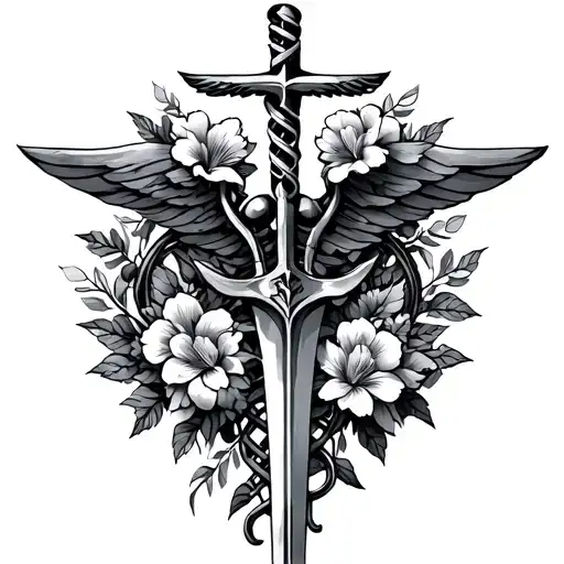 Caduceus With Dna And Armenian Flowers Intertwined & Cross On Top Of Sword