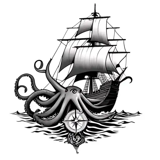 Create Leg Tattoo With Pirate Ship Compass Pointing North And Octopus