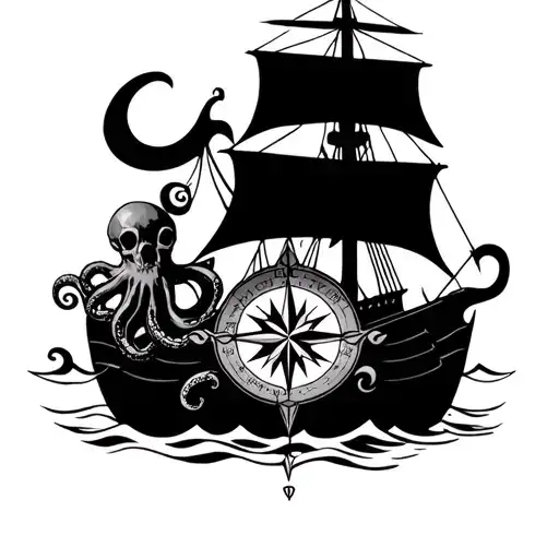 Create Leg Tattoo With Pirate Ship Compass Pointing North And Octopus