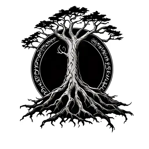 Tree Of Gondor Mixed With Elden Ring Erdtree And Elvish Writing Around Border