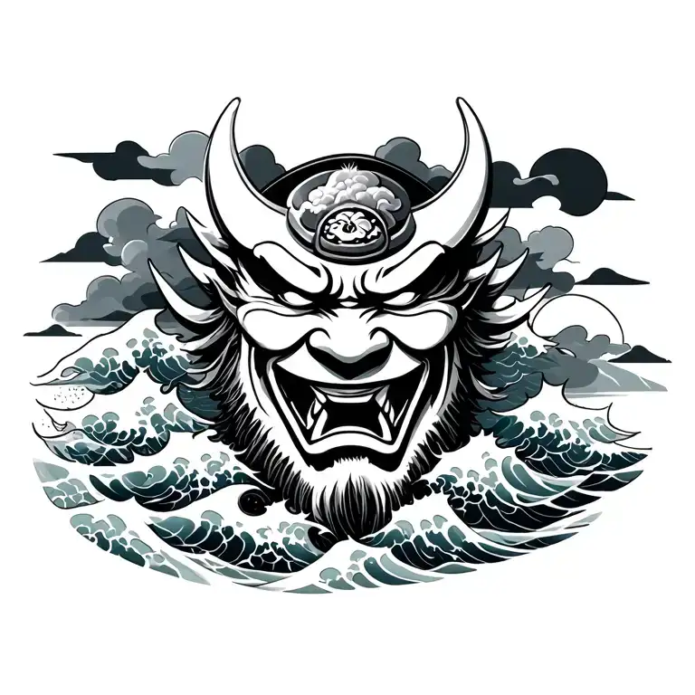 Samurai Hannya Japan With Waves And Cloud
