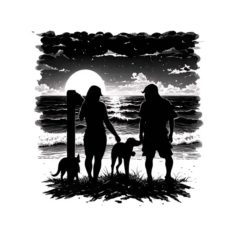 Silhouette Of Two Humans With A Dog In The Middle Looking Out On The Ocean