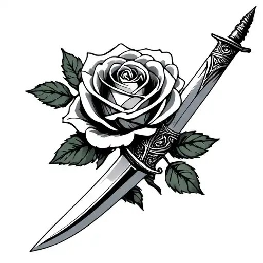 Traditional Tattoo Of A Dagger Going Through A Rose