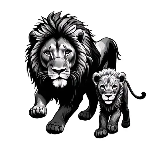 Lion And Baby Walking Next