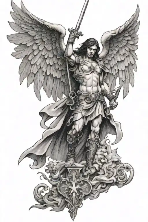 Arch Angel Michael With Sword And Cross Defeating Lucifer