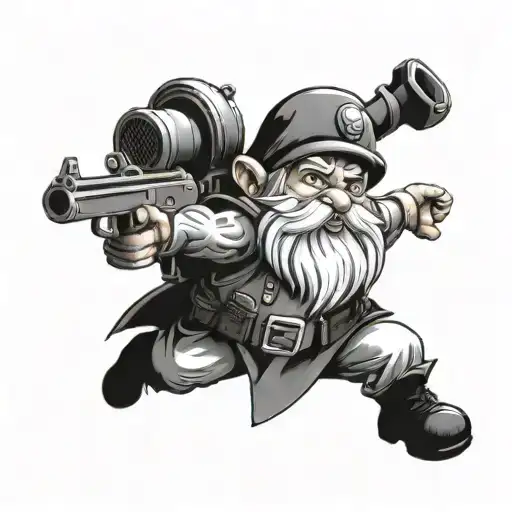 A Gnome With A Machine Gun Shoots Into The Air