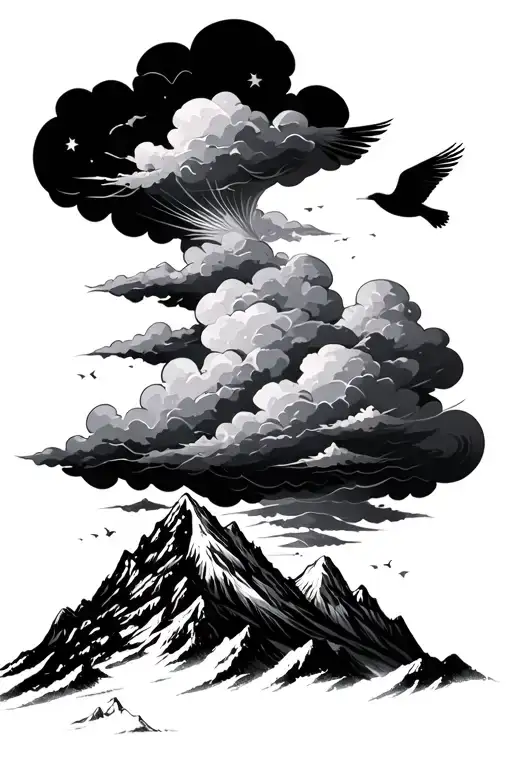 Cloud With Mountain And Bird Flying