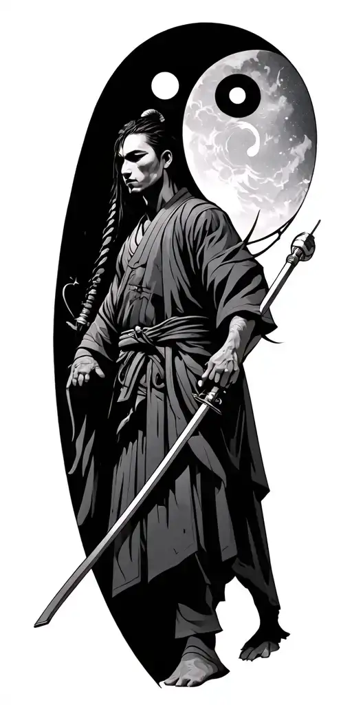 Aquarius Zodiac Sign And Yin Yang And Samurai Standing