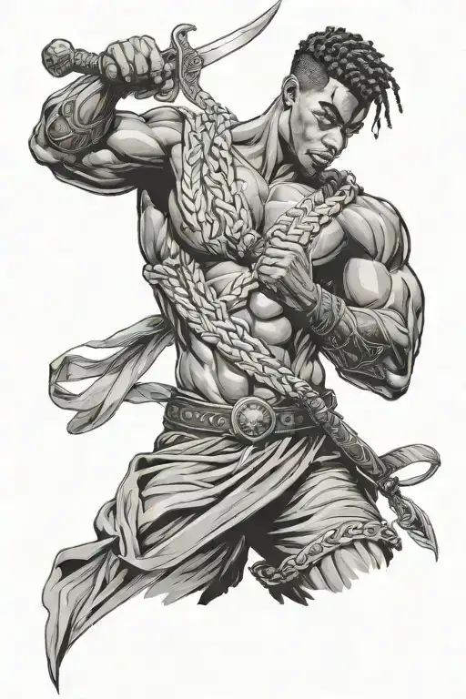 Braid Hair Black Man Muscle Body Shaped Like Holding A Sword