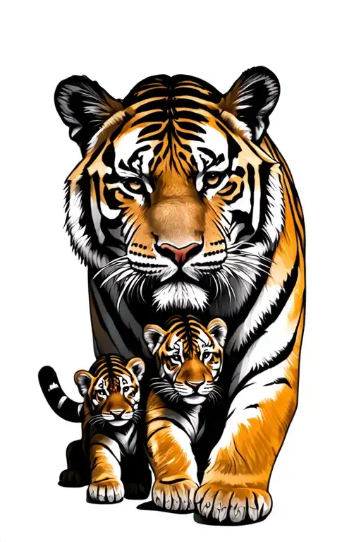 Large Tiger With Two Cubs