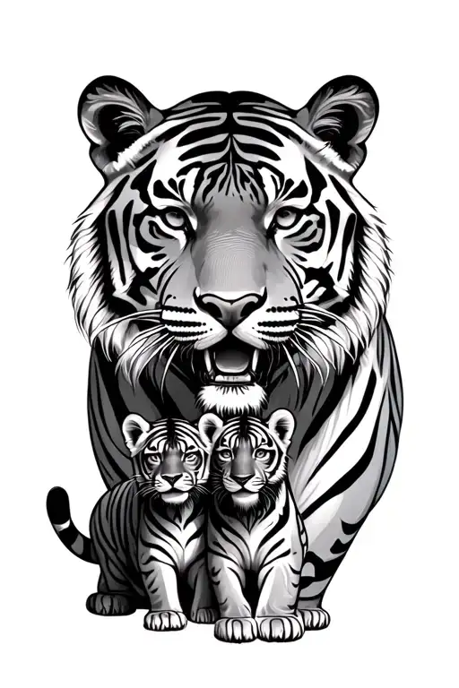 Large Tiger With Two Cubs