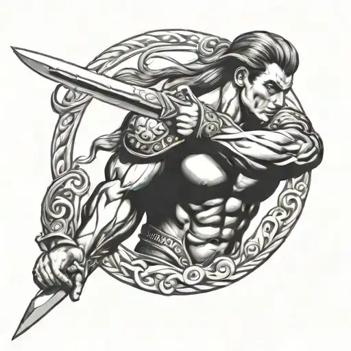Braid Hair Muscle Looking Holding A Sword