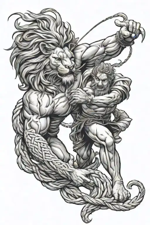 Braid Hair Musclar Man Fighting A Lion