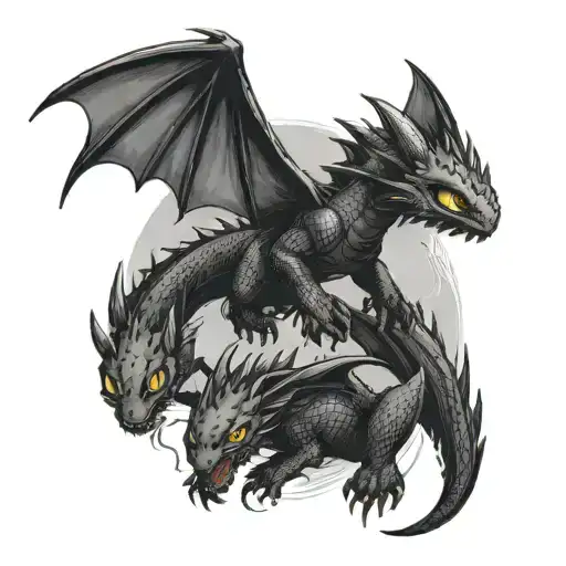 Toothless Is Flying In The Air And Two Little Dragons Are Flying Around It