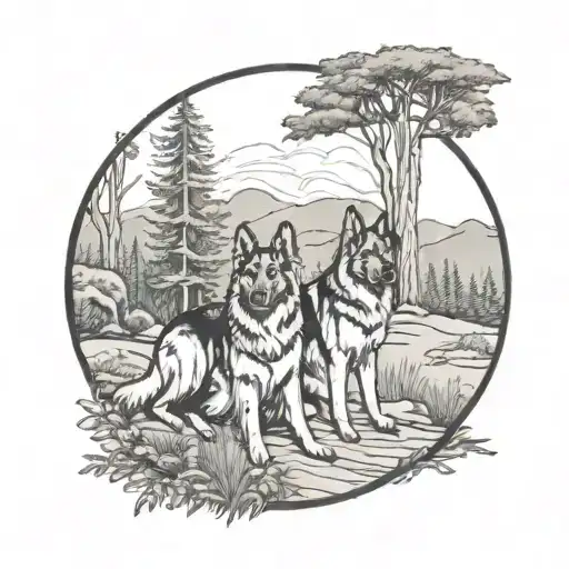 3 Long Haired German Shepherd Dogs Standing Guard On A Forest Trail