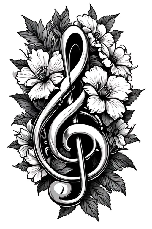 Trumpet Tattoo With Treble Clef And Flowers Blooming