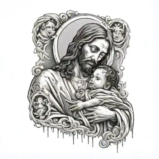 Jesus Covered In Blood Holding A Baby With Heavenly Background