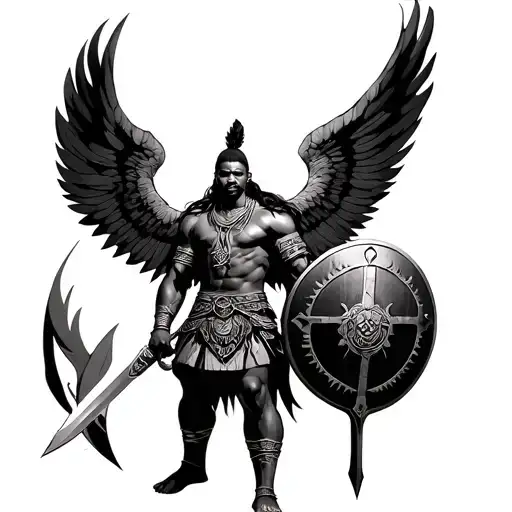 Winged African Warrior Standing Guard Holding Sword And Shield