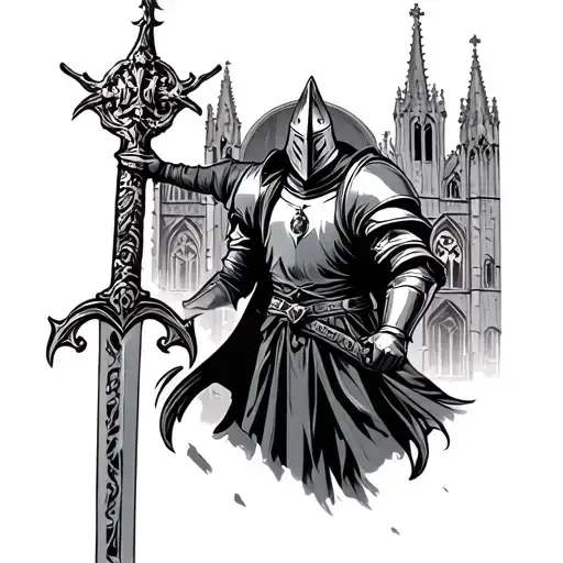 Knight With A Sword Throught Him With A Cathedral In The Back