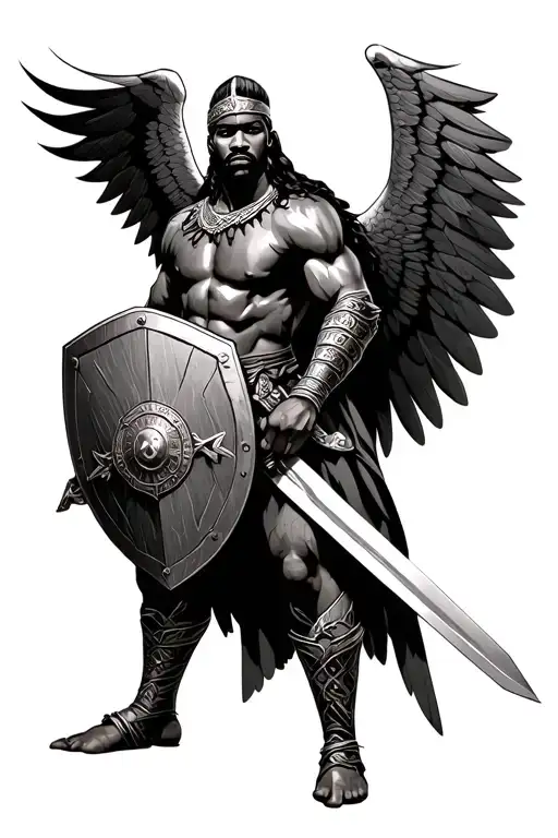 Winged African Warrior Standing Guard Holding Sword And Shield