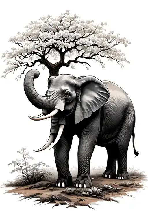 Elephant Standing In Front Of Half Dead Blossom Tree