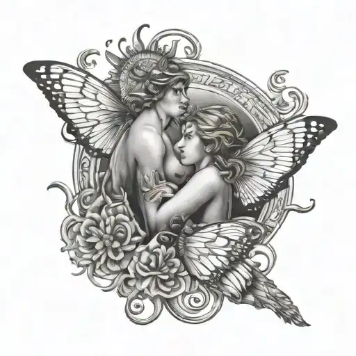 Sun In The Sky Angel On The Right Side And Butterfly On The Right