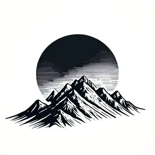 Three Peak Minimalist Mountain Range With Large Sun In The Background