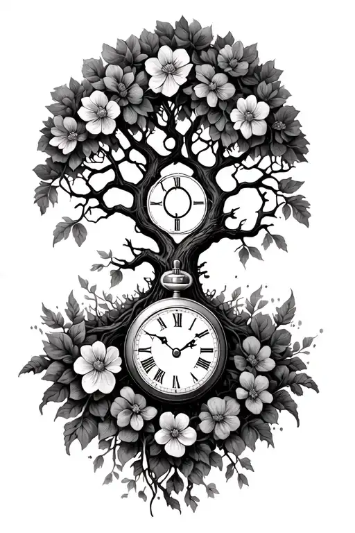 Family Tree With Roots To Pocket Watch Surrounded And Flowers