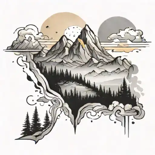 Sunset Mountain Asymmetric Watercolor Tattoo Design Featuring