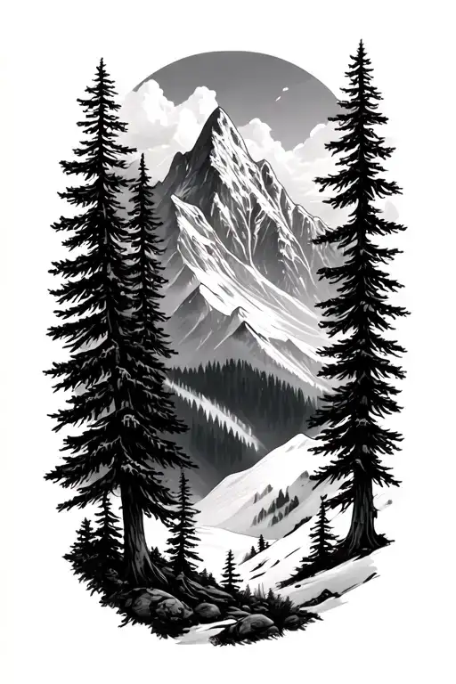 Mountain And Evergreen Trees