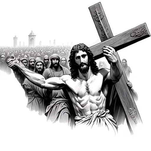 Jesus Carrying The Cross In Jerusalem Among The People And Soldiers