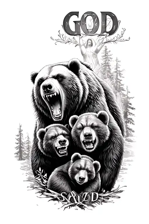 Outer Forearm Tattoo Of Angry Mother Bear Protecting Her Cub With God Watching Over