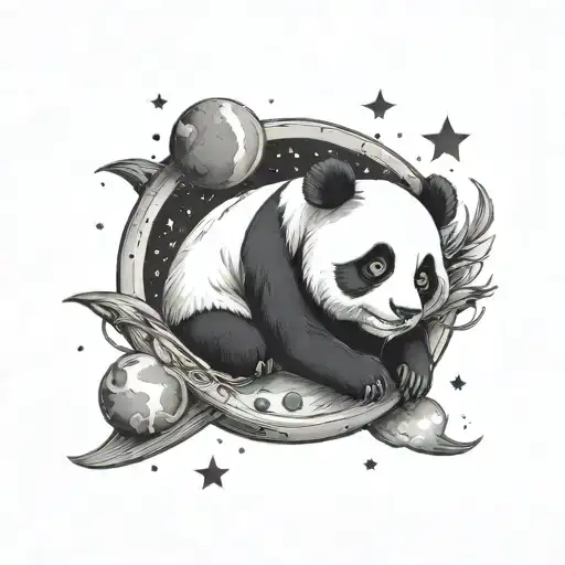 Cute Panda Laying On Moon Surrounded By Stars And Planets