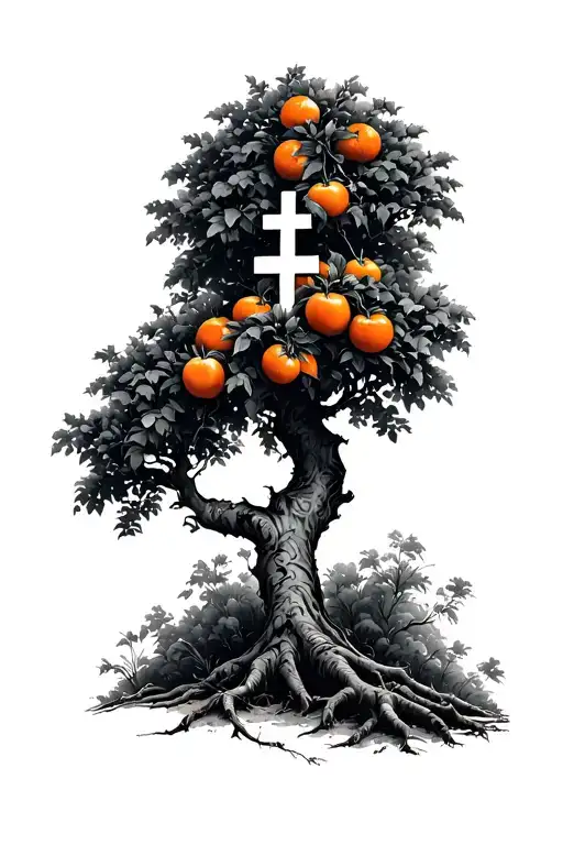 A Orange Tree With A Cross