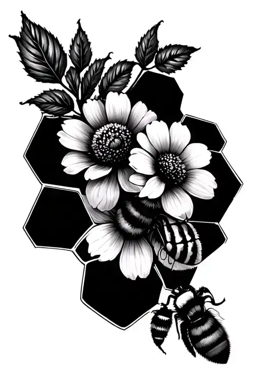 Honeycomb And Bumble Bee With Flower Tattoo Design