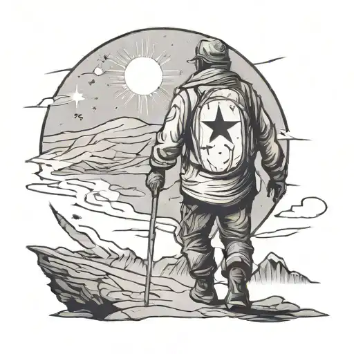 A Man Walking Towards A Guiding Star Across Scorched Earth