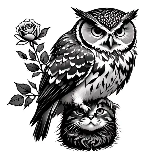 Owl Perched On Top Of A Catus With A Rose In It Mouth